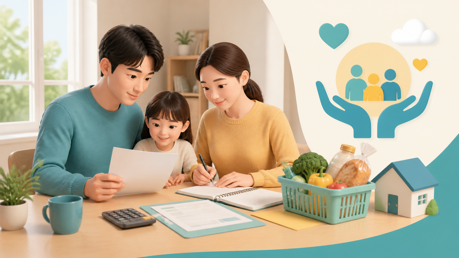 2026 생계급여 신청을 위해 가계 서류와 생활비를 함께 확인하는 가족