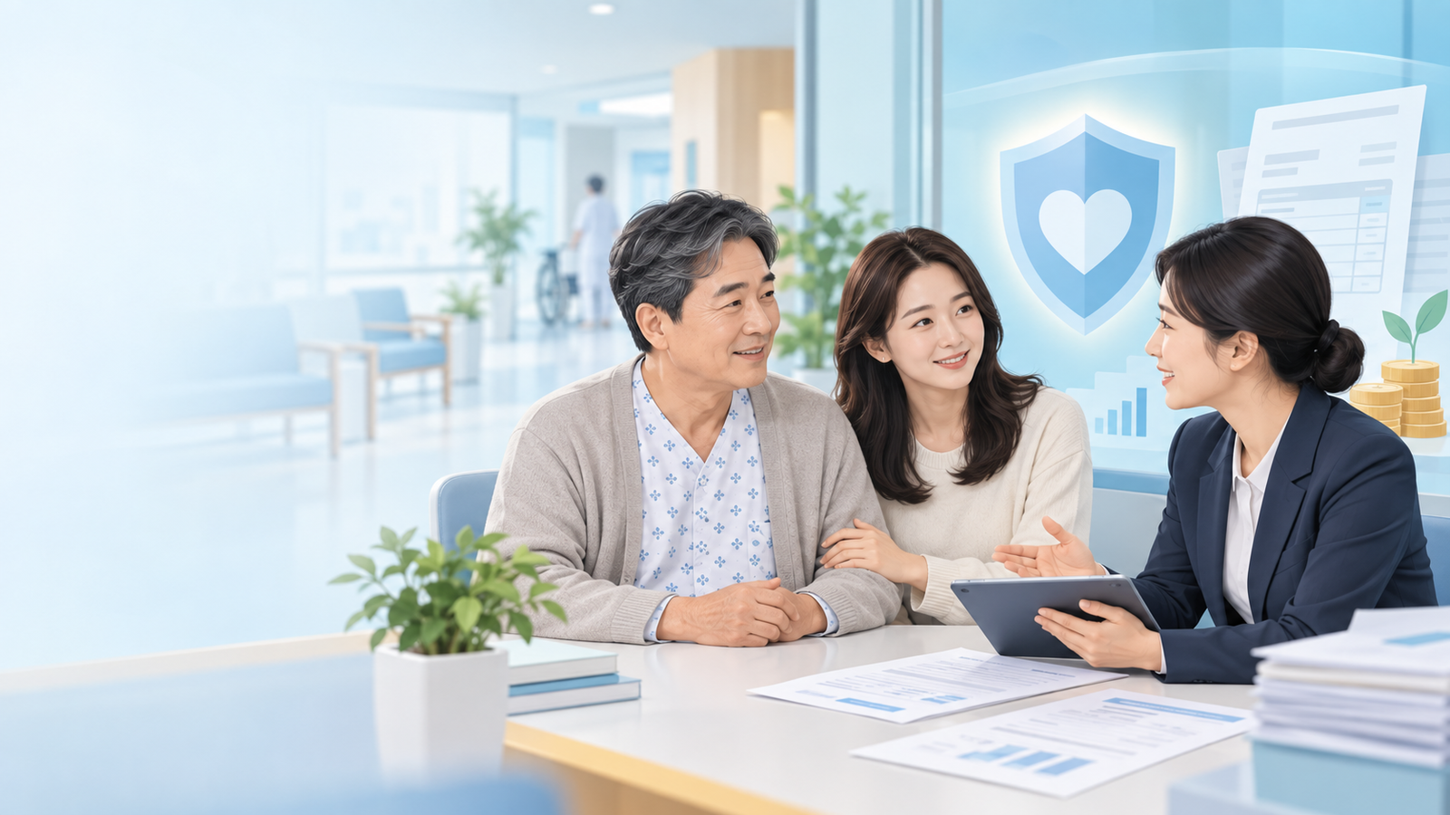 병원에서 재난적의료비 지원을 상담받는 환자와 가족
