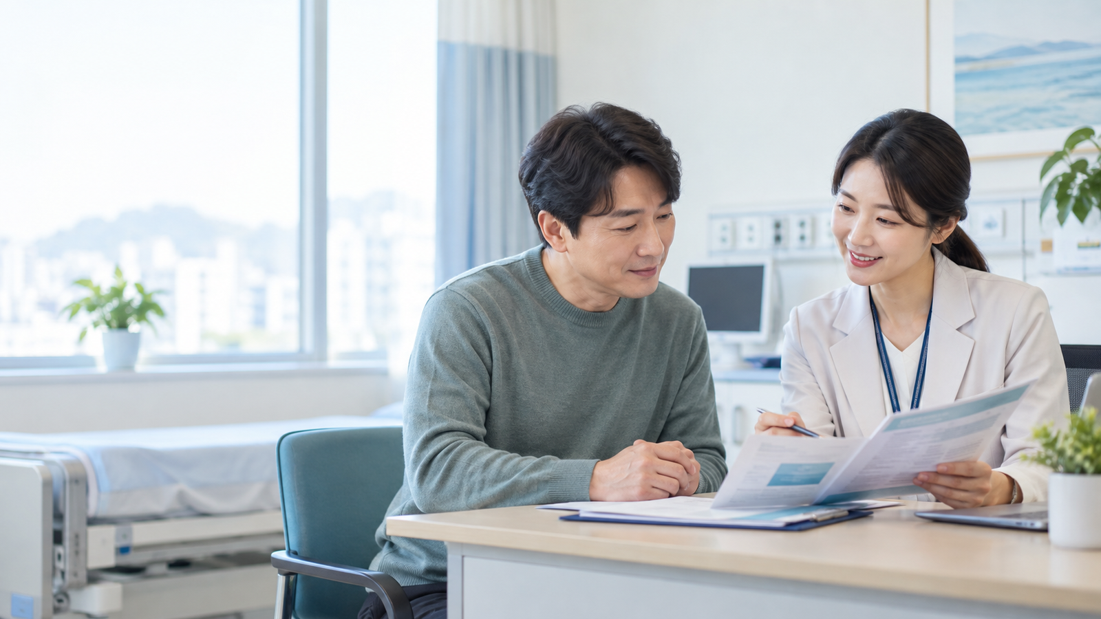 병원 상담실에서 산정특례 의료비 변경 안내를 확인하는 환자