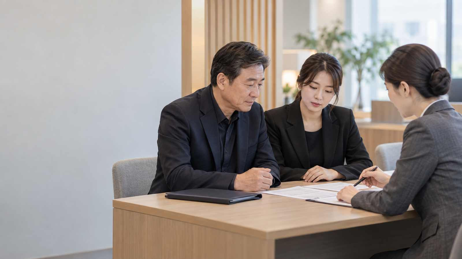 유가족이 금융기관에서 상속과 긴급 인출 절차를 상담하는 모습